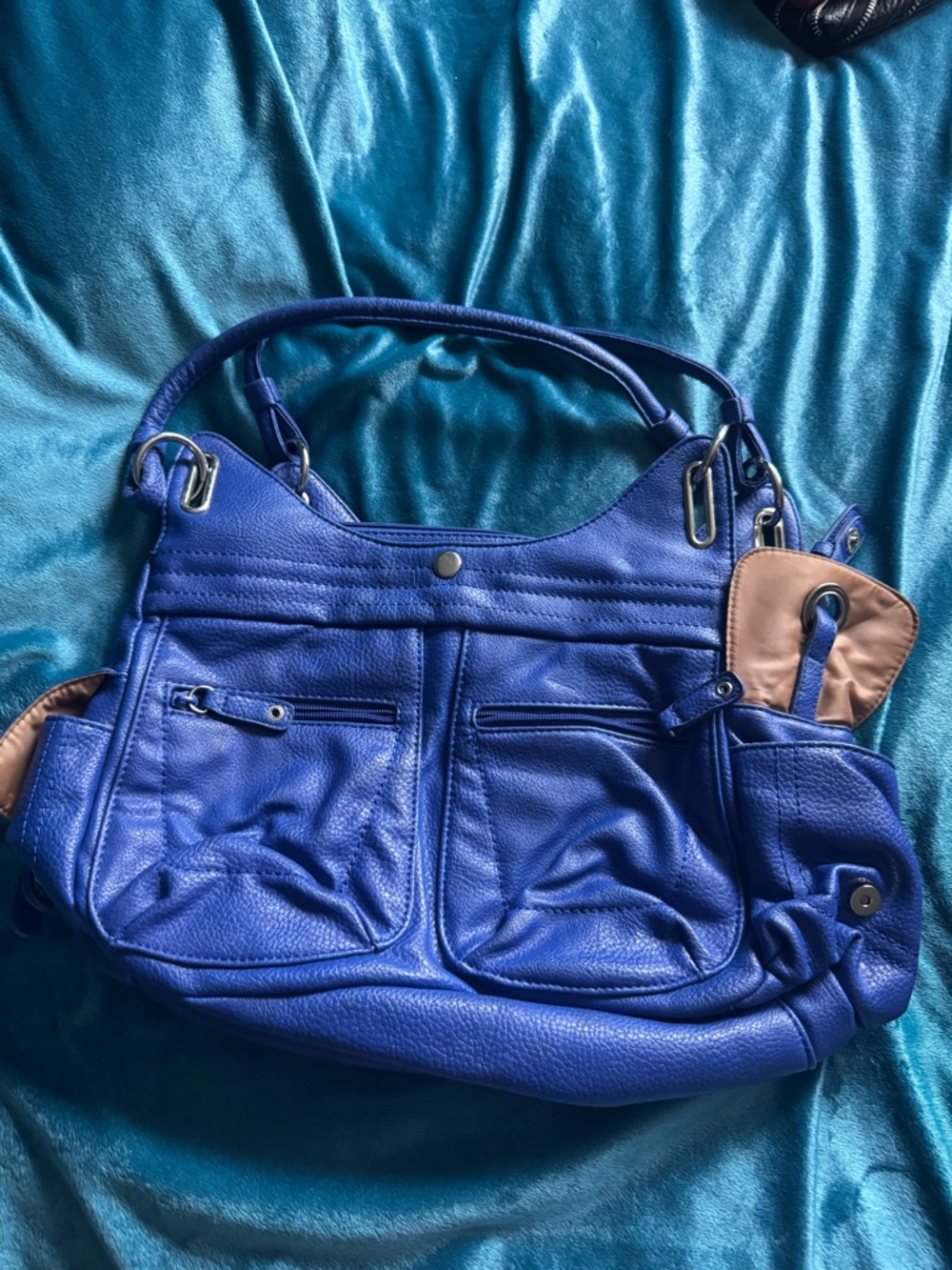 Blue Women's Leather Tote Bag with Tan Accents